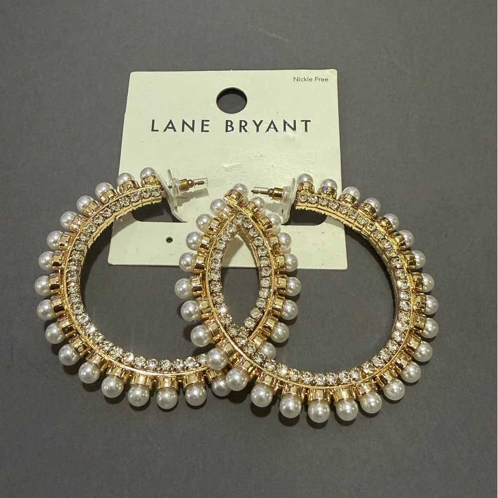Lane Bryant Hoop Earrings Women Gold Tone Imation Pearl Crystal Statement Hoops